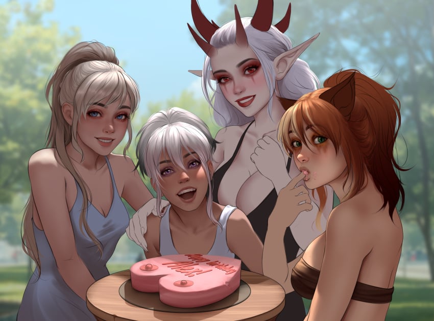 6_horns animal_ears bra braids cake dress fay_(character) grey_hair happy horns human kiraaiart not_porn original_character park picnic pointy_ears rakka_(sindlad) red_eyes red_hair satyr satyr_(warcraft) warcraft white_hair white_skin