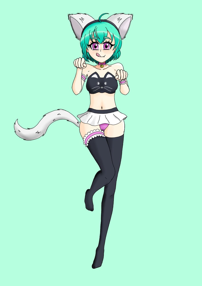 aim-e_sparks_(booty_calls) booty_calls cat_ears cat_tail cosplay green_hair panties small_breasts stockings