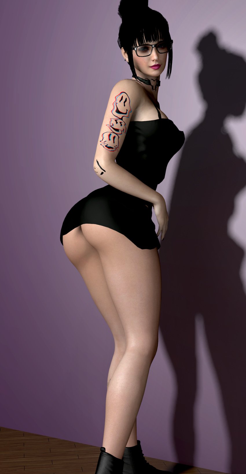 alex_domino ass bangs big_ass black_hair boots choker cleavage dress dress_lift ear_piercing earrings exposed_ass female female_focus female_only glasses goth_girl gray_eyes grey_eyes hair_bun lesbian nopixel painted_nails short_dress solo_female tattoo tattoos thighs