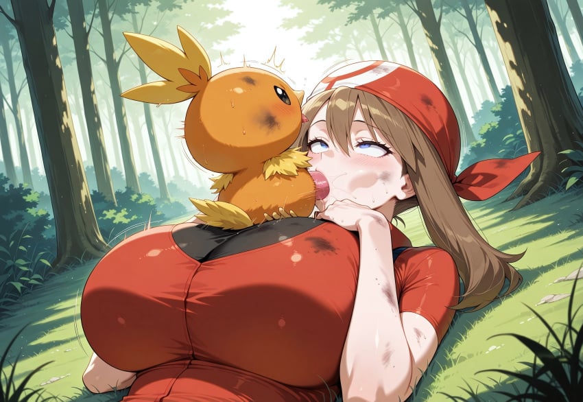 after_fight ahegao ai_generated blowjob blue_eyes brown_hair defeated dirt dirty fellatio huge_breasts interspecies may_(pokemon) on_back on_ground oral oral_sex outdoor_sex outdoors pokemon pokephilia rape red_bandana red_shirt torchic