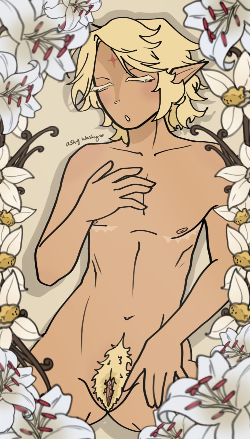 blonde_hair_male bush bushy_pubes cookie_run cookie_run_kingdom cuntboy flowers flowers_in_background intersex mastectomy_scar naked naked_male nipples pubes pubic_hair pure_vanilla_cookie pussy pussy_hair pussy_lips top_surgery_scars transman transmasc twink