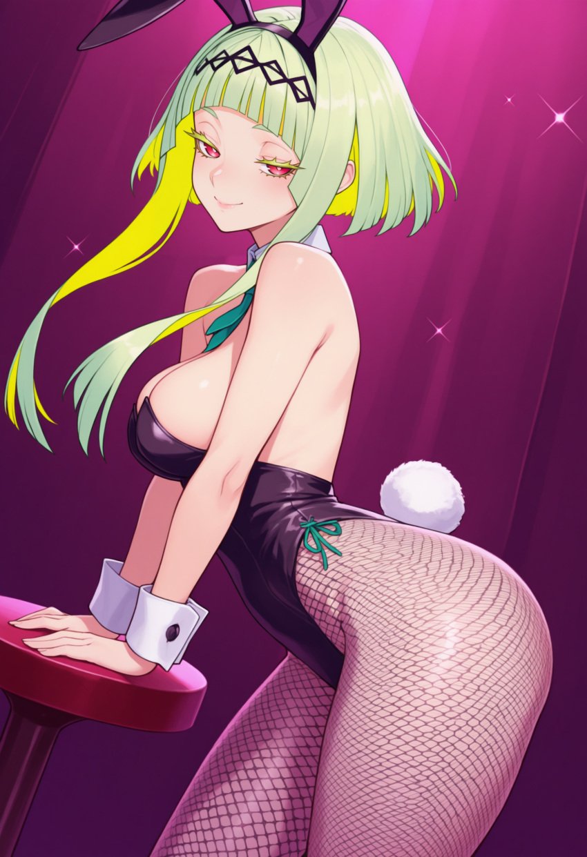 ai_generated bunny_ears bunny_tail bunnysuit female green_hair multicolored_hair pale_skin pale_skinned_female red_eyes ringo_(soul_hackers) seductive seductive_look short_hair smile soul_hackers_2 thick_thighs