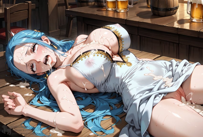 1girls after_fellatio after_sex after_vaginal ahe_gao ai_generated big_ass big_breasts big_butt blue_hair blush blush brown_eyes bukkake cleavage clothed colored_hair covered_in_cum creamhorseai cum cum_covered cum_drip cum_in_mouth cum_in_pussy cum_inside cum_on_body cum_on_breasts cum_on_face curly_hair curvy curvy_female curvy_figure deep_cleavage defeat defeated excessive_cum exhausted fainted female fucked_silly hair_ornament high_resolution highres horny horny_female long_dress long_hair mature_female nefertari_vivi nipples_visible_through_clothing one_piece pale-skinned_female pale_skin pirate posing princess rolling_eyes seductive white_dress wide_hips