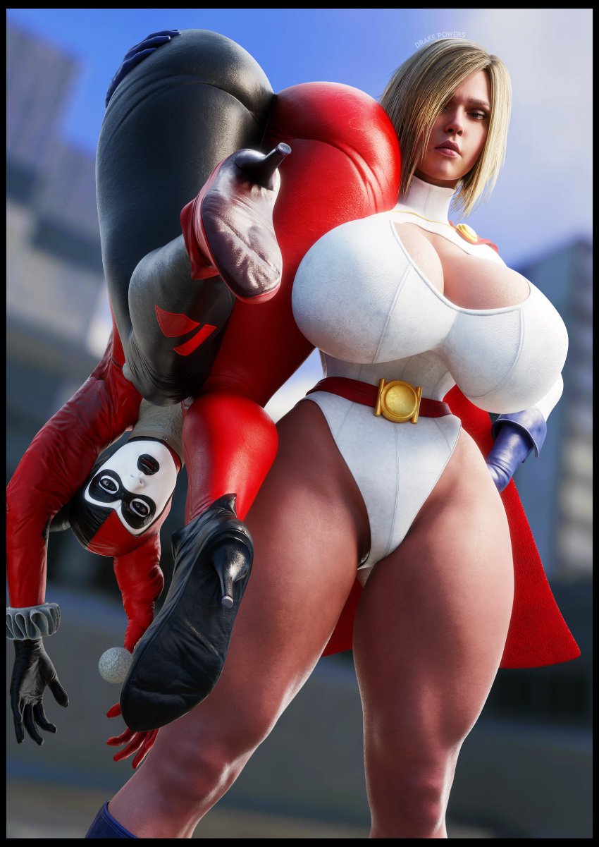 2girls 3d blonde_female blonde_hair carrying_over_shoulder city clothed daytime dc_comics detailed_background dominant_female domination drakepowers hand_on_butt harleen_quinzel harley_quinn harley_quinn_(classic) huge_ass huge_breasts karen_starr power_girl