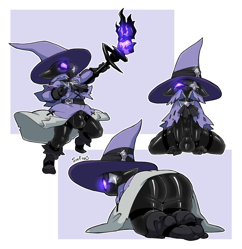 absurd_res ambiguous_gender ass black_mage_(final_fantasy) bulge clothing final_fantasy final_fantasy_xiv genitals hat headgear headwear hi_res humanoid lalafell latex latex_clothing magic_staff magic_user nue_stargazer purple_clothing purple_eyes robe sinfrou solo square_enix witch_hat