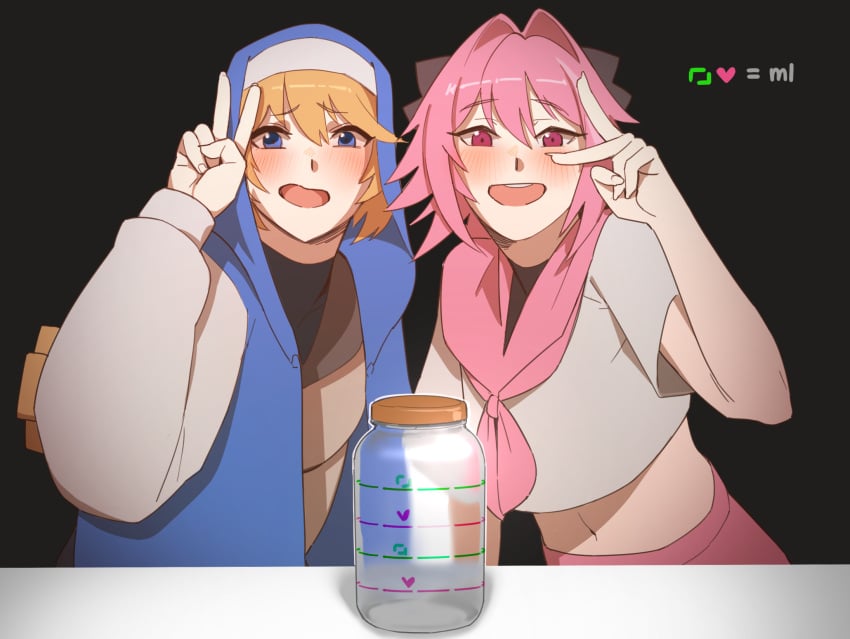 2boys 2femboys astolfo_(fate) blonde_hair blue_eyes blush bridget clothed crossdressing crossover cum_jar fate/grand_order fate_(series) femboy guilty_gear guilty_gear_strive hong_doo imminent_masturbation like_and_retweet looking_at_viewer midriff navel pink_hair pink_serafuku serafuku trap v_over_eye v_sign