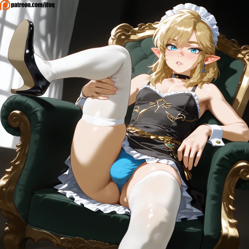 ai_generated blonde_hair blue_eyes crossdressing cute elf elf_ears femboy flat_chest ifoq link link_(breath_of_the_wild) link_(tears_of_the_kingdom) otoko_no_ko penis solo_male thighhighs trap