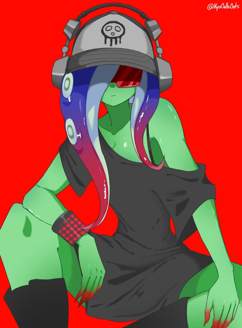 2d_(artwork) acht_(splatoon) clevage dedf1sh digital_drawing_(artwork) digital_media_(artwork) exposed_shoulders female glasses green_skin headgear headphones kyocallscats nintendo octoling red_background revealing_outfit sanitized_(splatoon) sanitized_octoling shoulders sitting sleeveless splatoon splatoon_(series) splatoon_3 splatoon_3:_side_order teasing twitter_username watermark