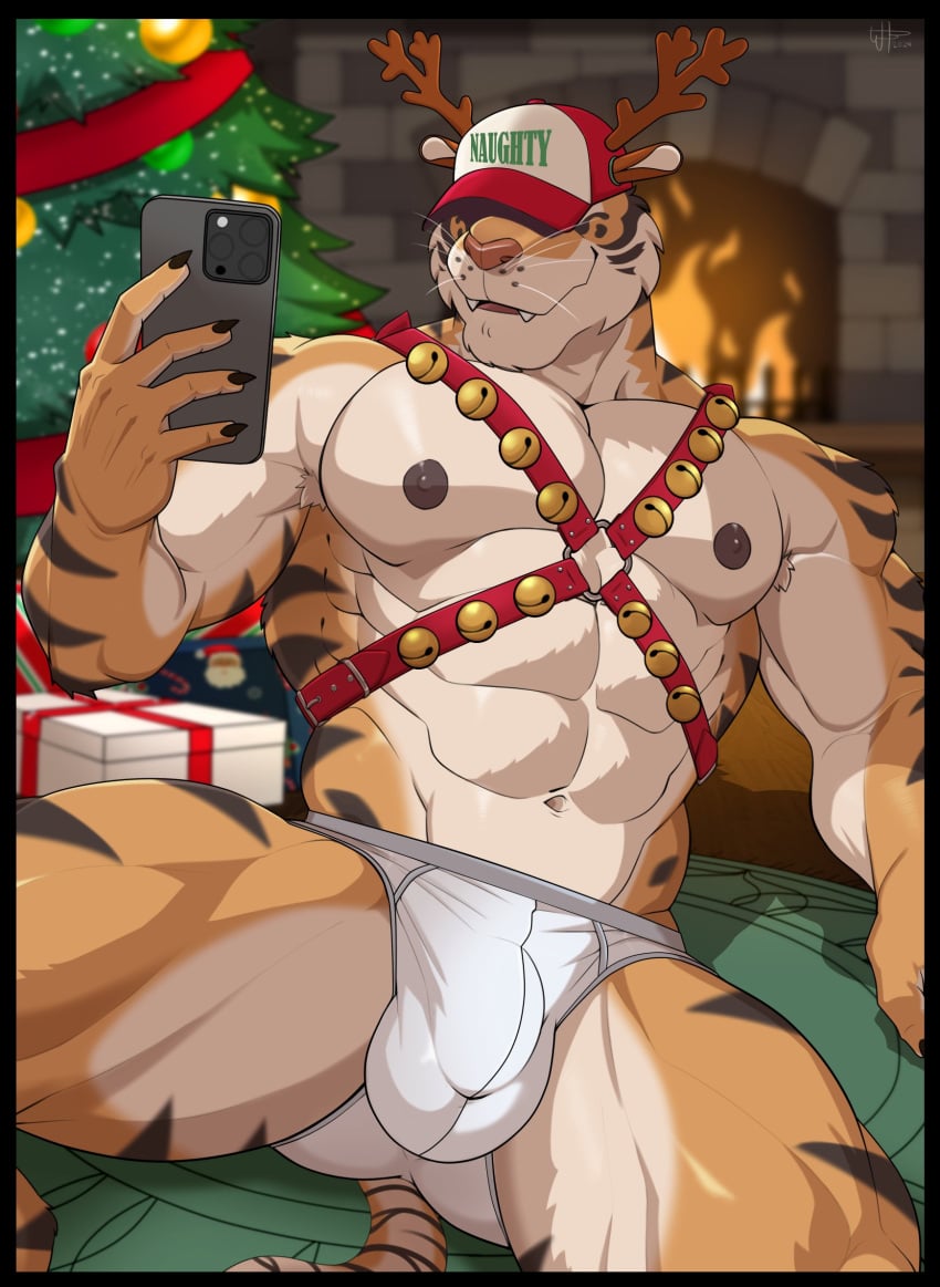 abs anthro balls_outline baseball_cap bell bell_harness briefs bulge christmas christmas_clothing christmas_tree clothed clothing detailed_bulge electronics english_text fake_antlers fake_ears fake_horns felid fire fireplace front_view fur genital_outline harness hat hat_over_eyes headgear headwear hi_res holding_object holding_phone holidays inside jingle_bell jingle_bell_harness male male_anthro mammal muscular muscular_anthro muscular_male nipples on_ground orange_body orange_fur pantherine pecs penis_outline phone plant reclining selfie smile solo striped_body stripes text text_on_baseball_cap text_on_clothing text_on_hat text_on_headwear tiger tighty_whities tree underwear white_briefs white_clothing white_underwear wolfybuns