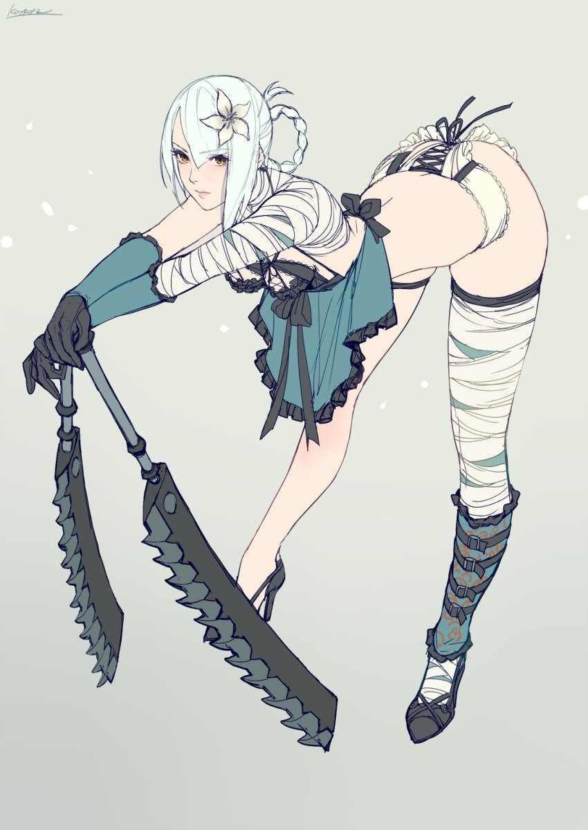 bandaged_leg bandages bent_over black_footwear braid braided_hair_rings breasts closed_mouth female flower grey_hair hair_flower hair_ornament hair_rings hands_on_hilt high_heels highres holding holding_weapon kaine_(nier) kotatsu_(g-rough) looking_at_viewer nier nier_(series) panties single_thighhigh small_breasts solo thighhighs underwear weapon white_panties