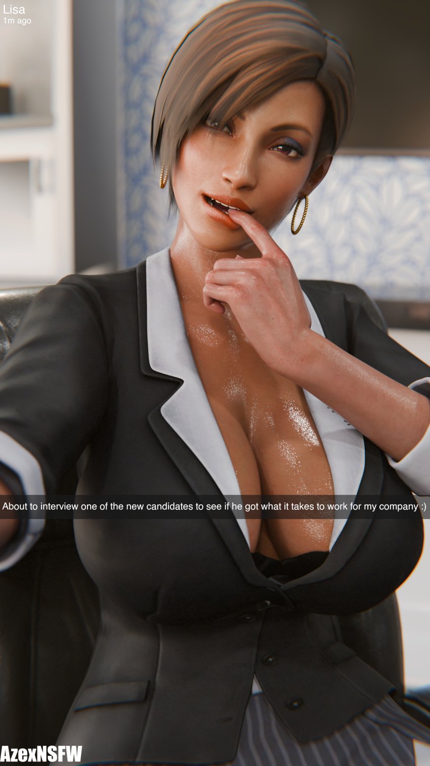 1girls 3d azexnsfw big_breasts black_bra blender boss bra_peek breasts brown_eyes brown_hair business_suit business_woman chair cleavage clothed dark-skinned_female dark_skin dead_or_alive earrings female female_boss female_only finger_in_mouth hoop_earrings imminent_sex indoors large_breasts latina lisa_hamilton looking_at_viewer mature mature_female office office_lady pencil_skirt selfie short_hair sitting snapchat solo solo_female solo_focus teasing teasing_viewer text tomboy white_shirt