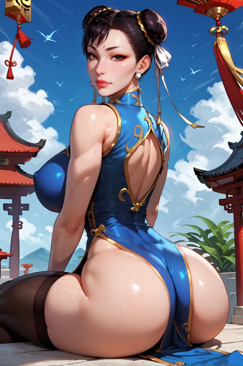 ai_generated architecture ass back big_breasts bird blue_dress blue_sky breasts brown_eyes brown_hair bun_cover china_dress chinese_clothes chun-li cloud cloudy_sky day double_bun dress earrings east_asian_architecture eyeliner female from_behind hair_bun jewelry large_breasts lips looking_at_viewer looking_back makeup mature mature_female milf mountain naughtygirlsai pelvic_curtain ribbon seagull shiny shiny_skin sitting sky sleeveless sleeveless_dress solo street_fighter thick_thighs thighhighs thighs torii