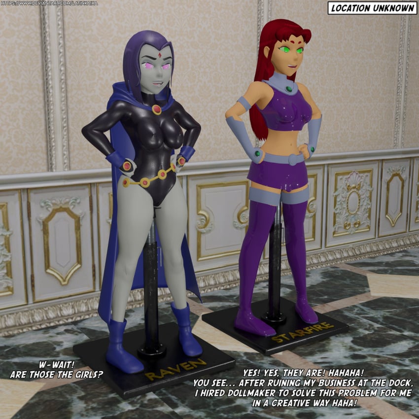 2girls 3d black_leotard dc_comics dollification english_text hypnosis latinkaixa leotard midriff mind_control raven_(dc) starfire teen_titans web_address