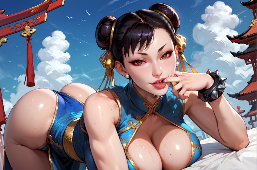 ai_generated aircraft airplane ass big_breasts bird blue_dress blue_sky bracelet breasts brown_eyes brown_hair china_dress chinese_clothes chun-li cleavage cleavage_cutout clothing_cutout cloud cloudy_sky day double_bun dress earrings eyeliner female finger_to_mouth hair_bun jewelry large_breasts lips looking_at_viewer lying makeup mascara mature mature_female milf naughtygirlsai nose on_stomach outdoors seagull sky sleeveless solo spiked_bracelet spikes street_fighter sweat thick_thighs tongue tongue_out