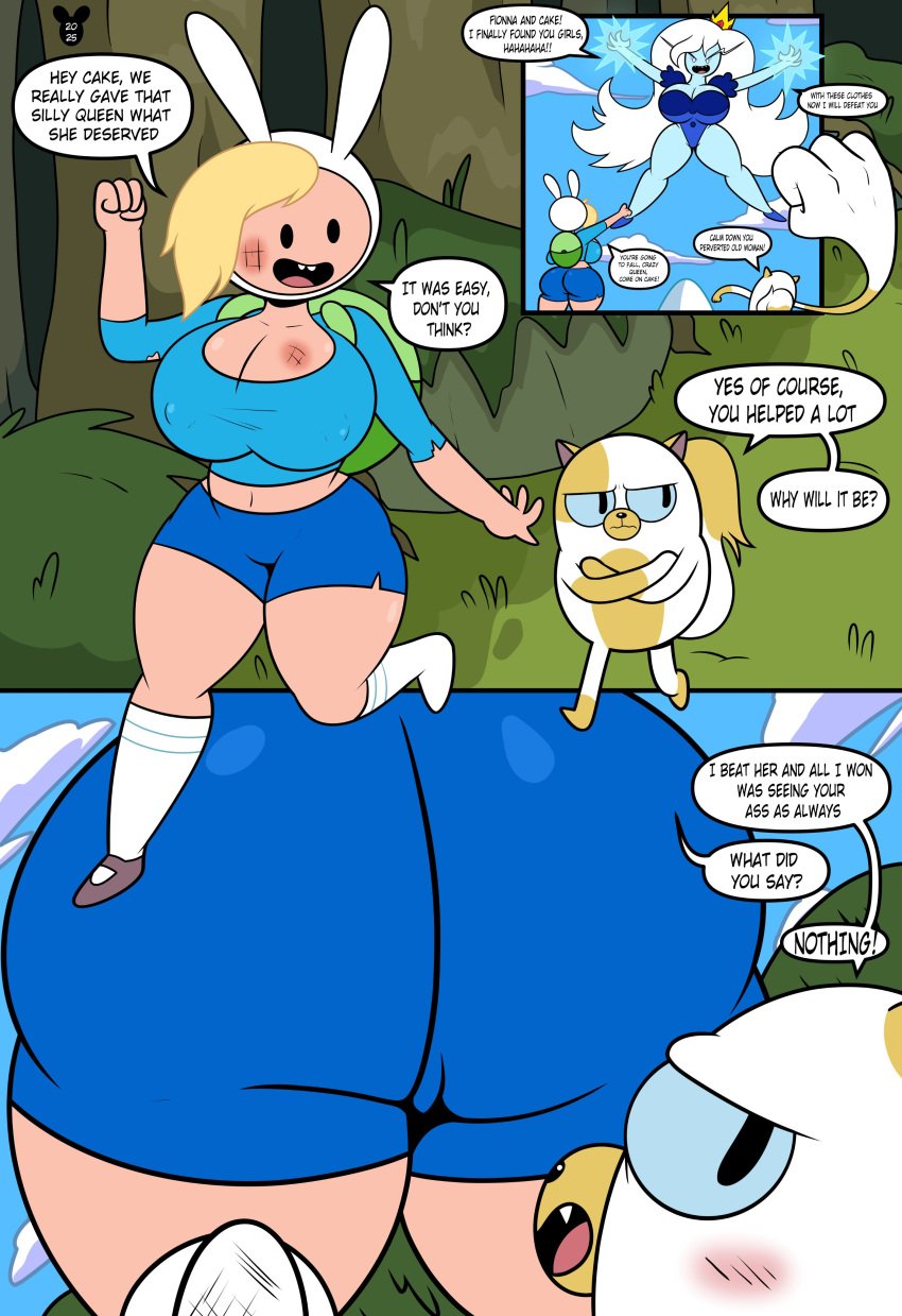 3girls adventure_time ass_focus big_butt blonde_hair cake_the_cat cartoon_network cleavage clothed comic_page dat_ass english_text fat_ass female female_only fionna_the_human_girl huge_ass huge_breasts ice_queen_(adventure_time) long_hair luanctoons nipples_visible_through_clothing no_bra no_underwear revealing_clothes shorts sideass tagme text text_bubble thick_ass thick_thighs white_hair