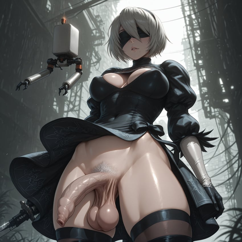 1futa absurd_res ai_generated anonymous_artist big_breasts blindfold breasts covered_breasts dress flaccid flaccid_penis foreskin foreskin_folds futa_only futanari gloves long_foreskin nier:_automata non-erect pod_(nier) sagging_balls solo testicles thigh_highs thighs uncut uncut_futa uncut_penis white_hair yorha_2b