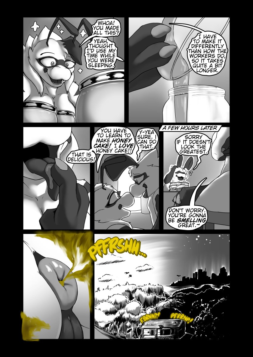 3_fingers 4_arms absurd_res antennae_(anatomy) anthro anus arthropod bee building claws comic day dialogue duo english_text fart fart_cloud fart_fetish female finger_fetish finger_lick finger_play fingers food genitals heather_(soomir) hectar_(soomir) hi_res honey_(food) house hymenopteran insects licking male male/female multi_arm multi_limb night nude nude_anthro nude_female nude_male presenting presenting_anus presenting_pussy pussy scenery soomir speech_bubble text tongue
