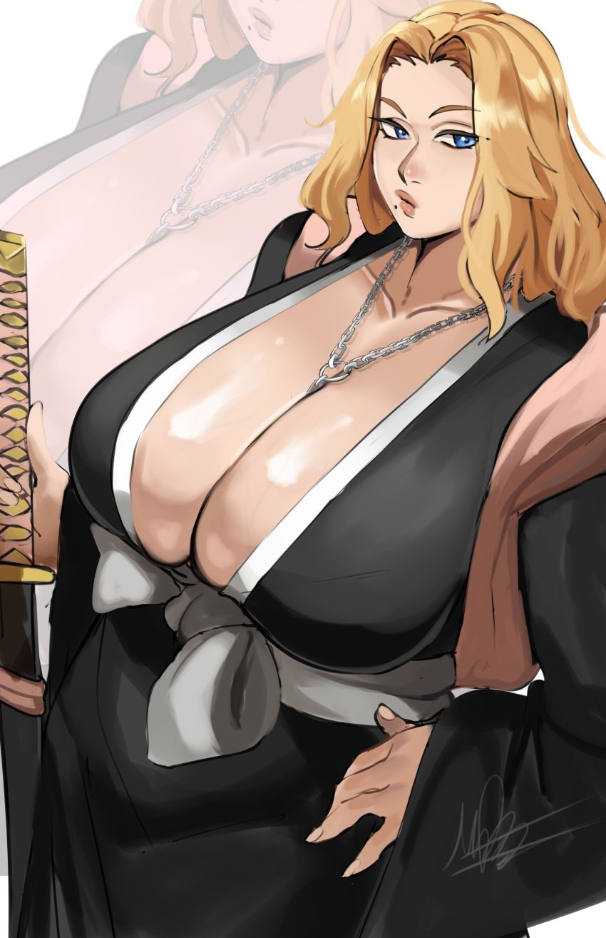 absurdres bleach blonde_hair blue_eyes breasts cleavage female hakama highres holding holding_sword holding_weapon huge_breasts japanese_clothes jewelry lips long_hair matsumoto_rangiku mole mole_under_mouth necklace puzzled_artist scabbard scarf sheath shihakusho solo sword weapon