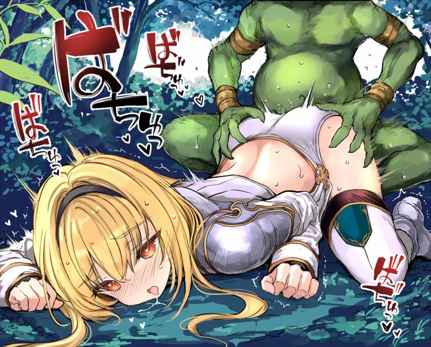 1boy black_hairband blonde_hair blush collarbone colored_skin day enjoying_rape female forest goblin green_skin hairband heart heart-shaped_pupils highres interspecies kumakou long_hair loving_it nature open_mouth orange_eyes outdoors rape sennen_sensou_aigis sex sex_from_behind straight symbol-shaped_pupils thighhighs tongue tongue_out tree trembling