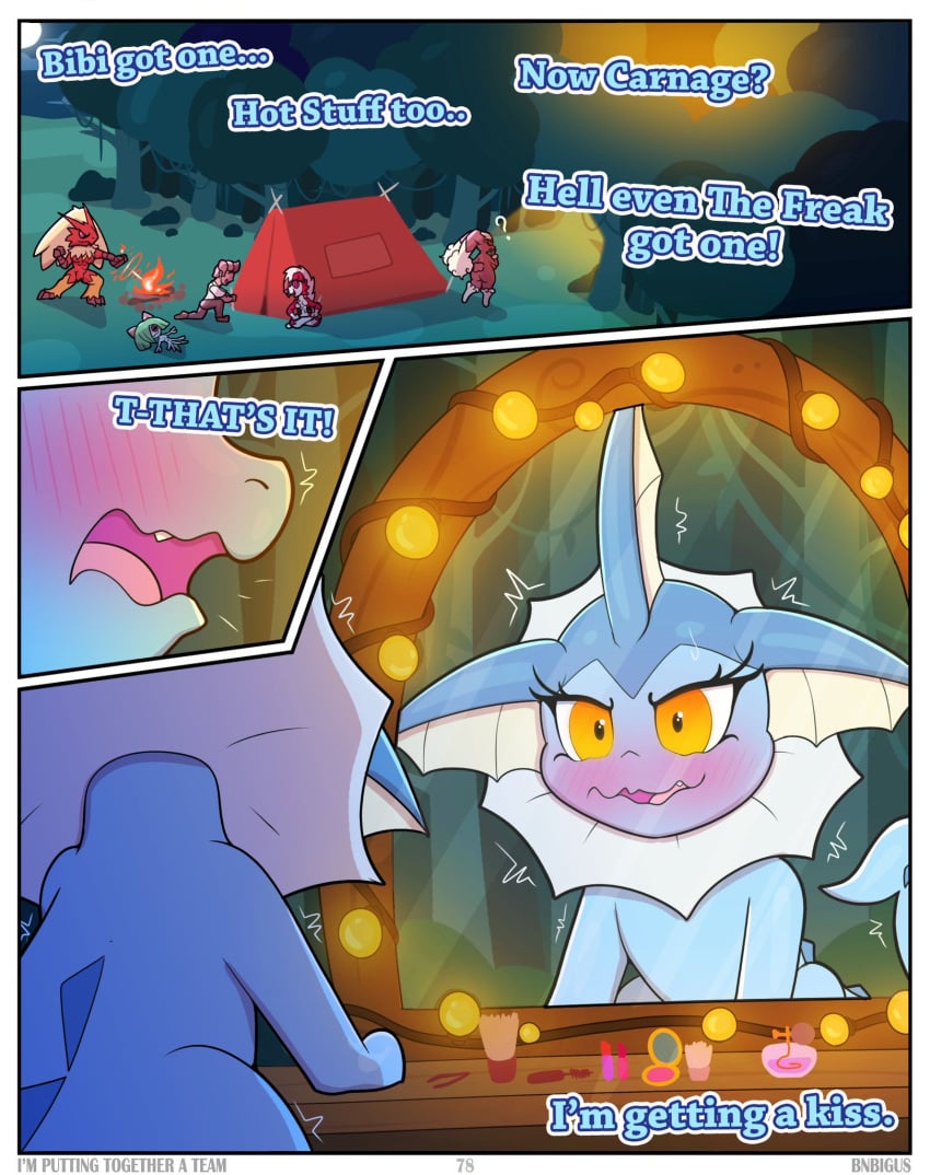 amber_eyes apricot_(bnbigus) blush bnbigus camping comic dialogue forest mirror no_sex page_78 planning pokemon pokemon_(species) tagme vaporeon