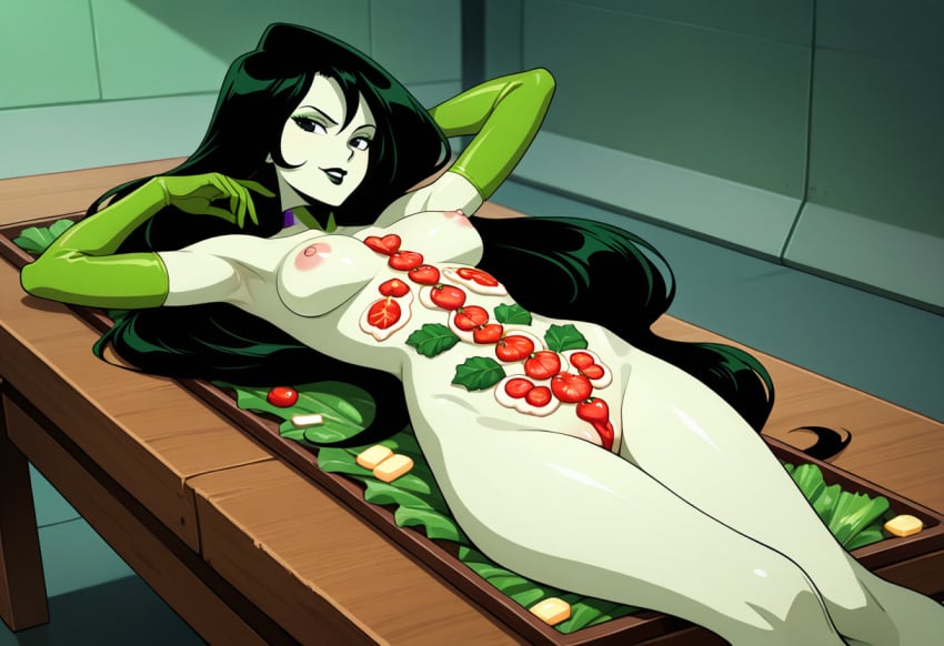 ai_generated armpits black_lips choker elbow_gloves green_skin kim_possible long_hair lying_on_back lying_on_table nyotaimori partially_visible_vulva self_upload shego stable_diffusion