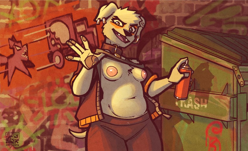 alley anthro areye_(artist) breasts canid canine canis clothed clothing clothing_lift domestic_dog dumpster ear_piercing ear_ring eyeshadow fangs female flashing flashing_breasts fur graffiti graffiti_on_wall grey_body grey_fur hi_res makeup mammal onyx_raucher pawpads piercing pit_bull ring_piercing shirt shirt_lift slightly_chubby solo teeth topwear trans_(lore) trans_woman_(lore)