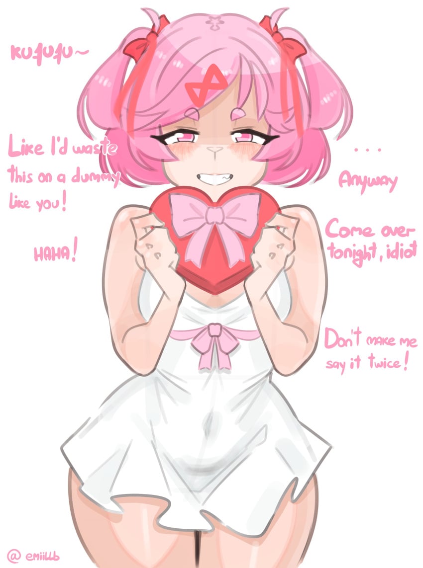 1girls bob_cut chocolate_box ddlc doki_doki_literature_club emiillb female female_only heart heart_shaped_box high_quality high_resolution highres holidays implications natsuki_(doki_doki_literature_club) not_porn petite pink_eyes pink_hair ribbon ribbon_in_hair short_hair stained_dress team_salvato text tsundere twintails twitter_link valentine's_day white_dress wholesome x_hair_ornament