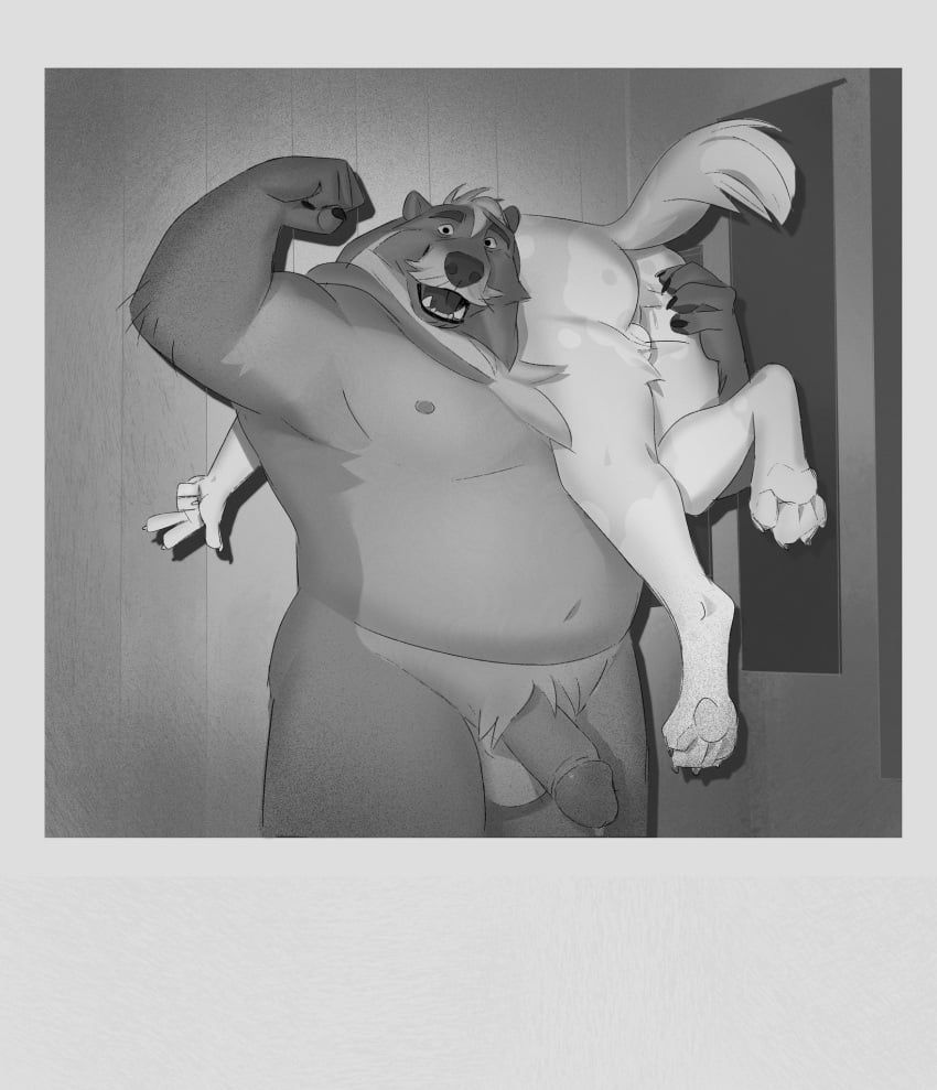 2023 age_difference anthro arm_hair arm_tuft ass balls bear belly biceps bodily_fluids body_hair canid canine canis carrying_another carrying_parter chest_hair domestic_dog dripping duo elbow_tuft erection facial_hair feet fist flexing flexing_bicep genital_fluids genitals gesture greyscale hand_gesture hand_on_butt hi_res inside looking_at_viewer male male/male mammal manly mature_male monochrome moustache musclegut muscular navel nipples nude overweight pecs penis photo polaroid_photo precum precum_drip pubes raised_tail remulle_(artist) shoulder_carry shoulder_hair slightly_chubby smile smiling_at_viewer tail tuft v_sign wrigley_(d0g_problems)