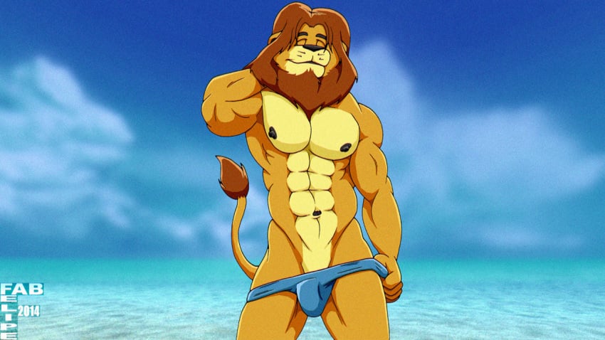 2014 abs anthro biped black_eyebrows black_nipples black_nose blue_clothing blue_speedo blue_swimwear brown_mane brown_tail_tuft bulge closed_eyes closed_smile clothed clothing cloud digital_drawing_(artwork) digital_media_(artwork) eyebrows fabfelipe felid front_view fur lion male mammal mane mouth_closed navel nipples pantherine portrait sea sky smile solo speedo speedo_down speedo_only standing swimwear tail tail_tuft three-quarter_portrait topless tuft water whiskers yellow_body yellow_fur