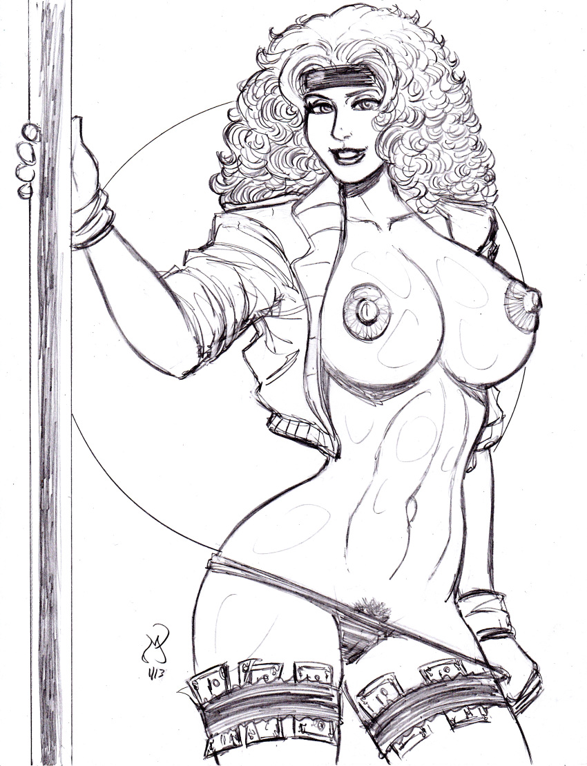 1girls 2013 anna_marie female female_only headband marvel marvel_comics michael_powell monochrome rogue_(x-men) smile solo stripper_pole tagme x-men