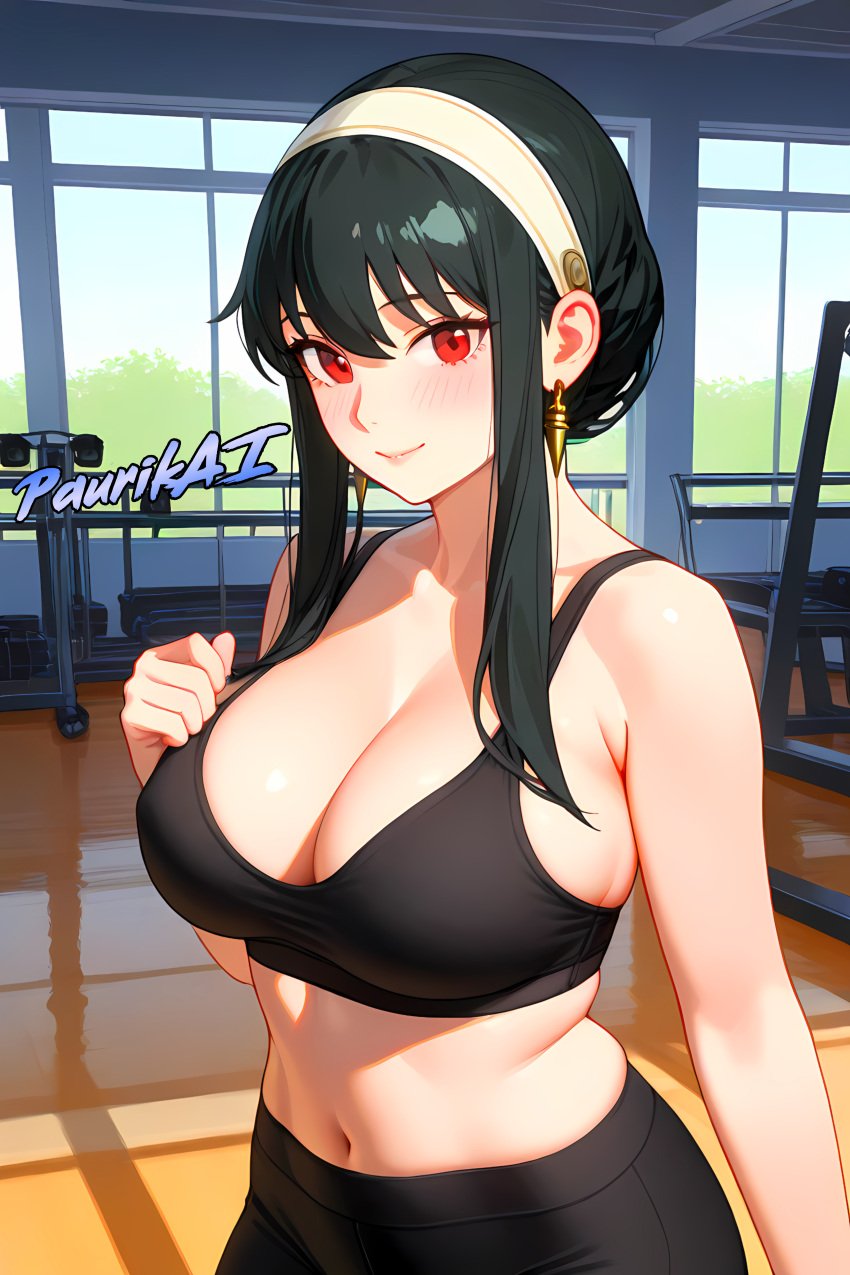 2025 2d 4k 4k_resolution ai_generated aigirl black_hair black_sports_bra black_yoga_pants breasts detailed ecchi gym_room gym_uniform hd hentai high_resolution highres lewd looking_at_viewer milf nsfw paurikai porn red_eyes sex smile spy_x_family thick thick_body uncensored watermark white_hairband yor_briar yor_forger