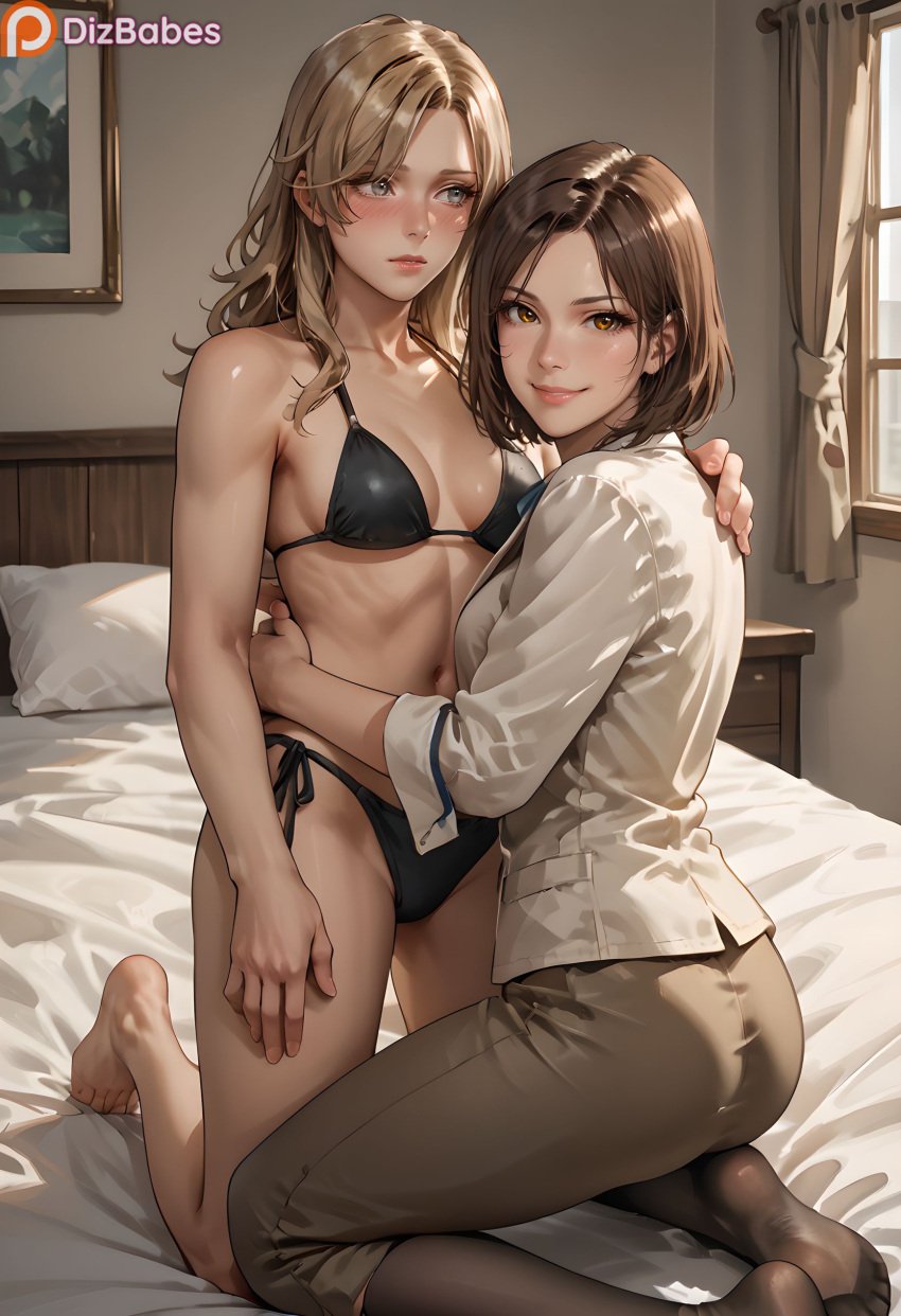 2girls ai_generated bed black_bikini blonde_hair blush brown_hair dizbabes eva_(metal_gear_solid) imminent_sex kneeling lesbian looking_at_viewer metal_gear metal_gear_solid metal_gear_solid_3 para-medic smile stable_diffusion yuri