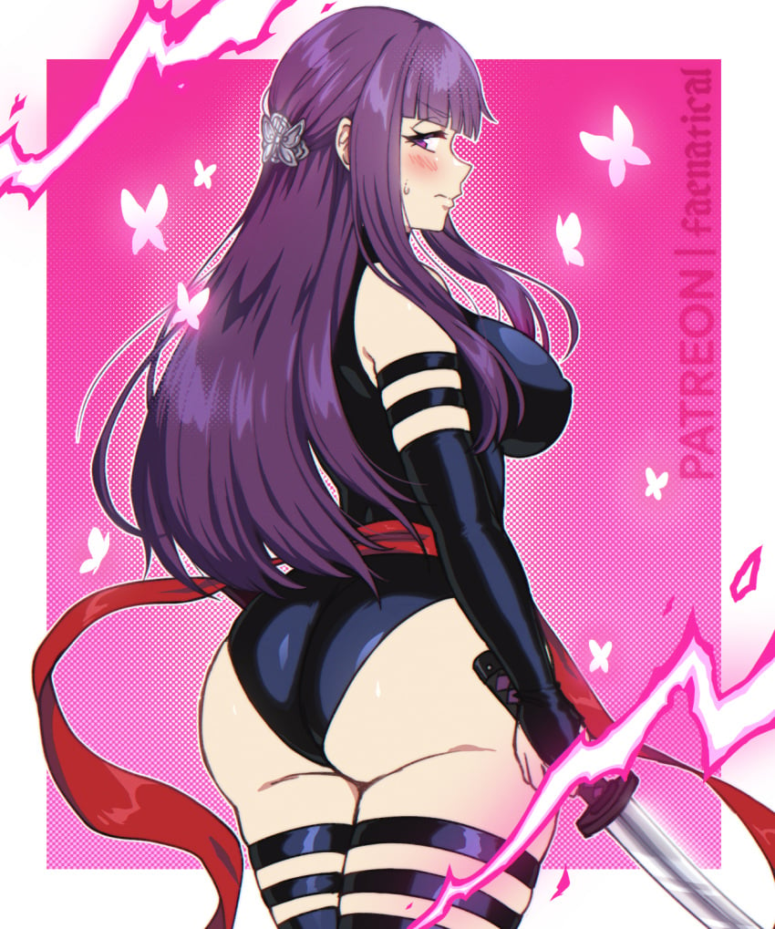 ass blunt_bangs breasts cosplay faenatical female fern_(sousou_no_frieren) gloves highleg highleg_leotard highres large_breasts leotard long_hair looking_at_viewer marvel marvel_rivals psylocke psylocke_(cosplay) psylocke_(vengeance) purple_eyes purple_hair purple_leotard sidelocks simple_background solo sousou_no_frieren thighhighs