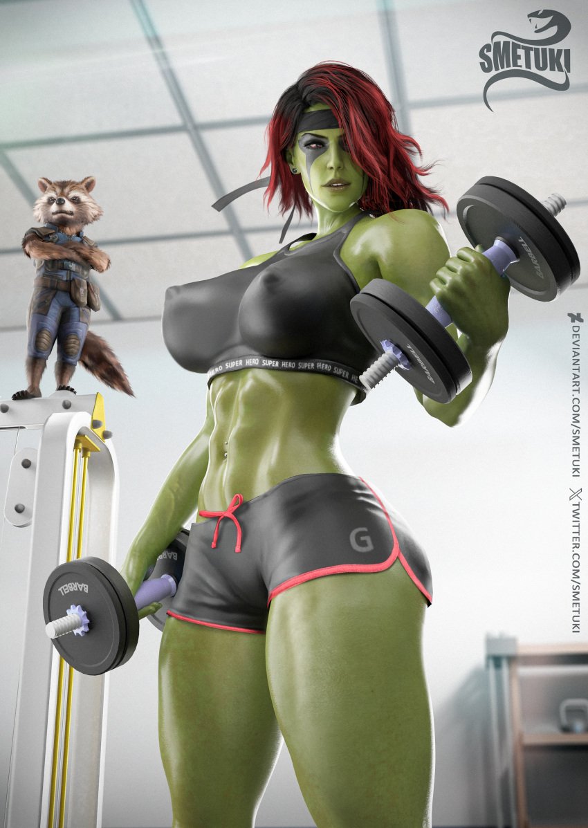 1boy 1girls 3d abs alien anthro big_thighs blender blender_(software) bulging_nipples dumbbell earrings erect_nipples_under_clothes female fit_female fitness gamora green_skin guardians_of_the_galaxy guardians_of_the_galaxy_(game) gym gym_uniform headband huge_breasts humanoid indoors makeup male marvel muscular_female narrow_waist navel_piercing nipple_bulge perky_nipples red_eyes red_hair rocket_raccoon short_hair side_view smetuk smetuki sports_bra sports_shorts sportswear thick_thighs wet wet_skin wide_hips