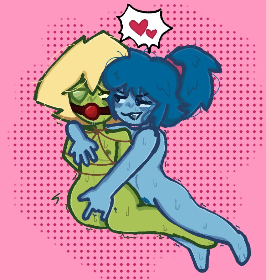 2girls ass ball_gag blonde_hair blue_skin blush bondage breasts dark_blue_hair fingering gem gem_(species) gemsona grabbing_another's_breast green_skin grinding heart heart-shaped_pupils lactation lapis_(gem) lesbian lesbian_sex love messy_hair muffiqute_verse muffle_(muffiqute_verse) peridot_(gem) periqute_(muffiqute_verse) pink_hair_tie ponytail rolling_eyes rope saliva thick_thighs toasterwire trembling wet_pussy wife_and_wife yuri