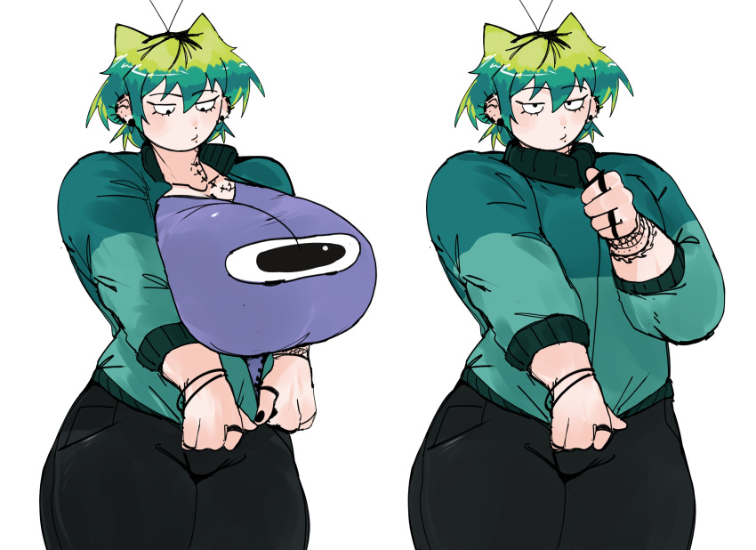 alien_girl ass_bigger_than_head big_ass big_breasts ear_piercing green_hair huge_breasts jeans roach rochi rochi(rrrroch1) rrrroch1 taller_girl tattoo tomboy