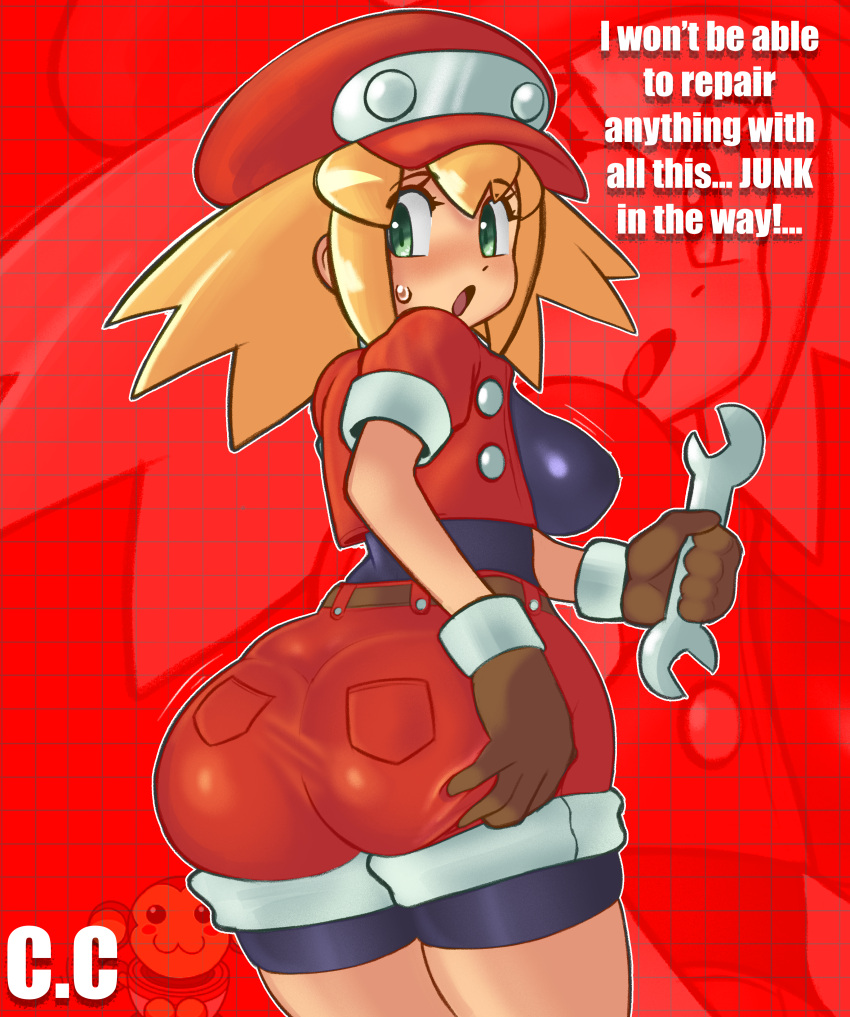 1girls ass_grab big_ass big_breasts blonde_hair champchidi clothed covered_nipples dumptruck_ass fat_ass female female_only grabbing_own_ass hat humanoid looking_back mega_man mega_man_legends robot_girl robot_humanoid roll_caskett shorts skin_tight solo_focus sweat sweatdrop thick_thighs