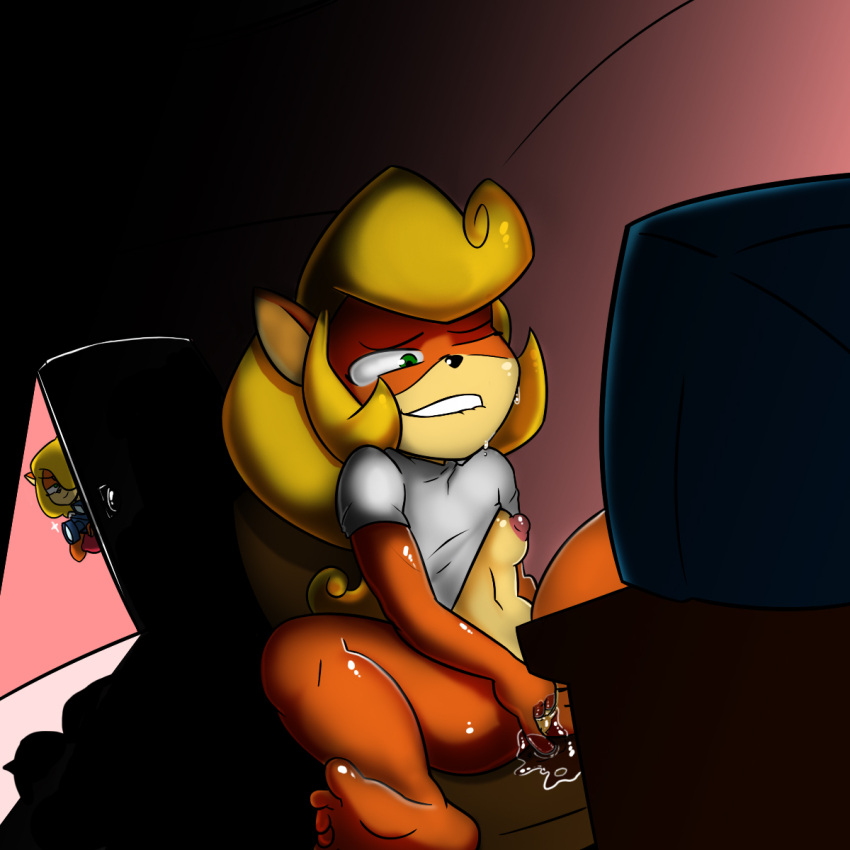 activision anthro bandicoot bangs being_watched bodily_fluids camera clothing coco_bandicoot colored computer crash_(series) desktop electronics female fingering genital_fluids genitals gooning hi_res looking_at_another mammal manwithporns marsupial masturbation nipples nude oddrich pussy spread_legs spreading sweat tawna_bandicoot third-party_edit vaginal_fluids watching_tv