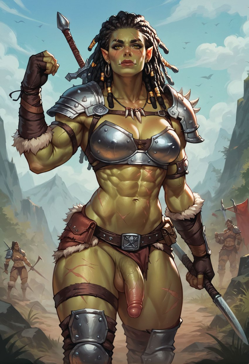 1futa ai_generated balls breasts dickgirl futa_only futadiffusion futanari green_skin knight nature nsfw orc orc_futanari outdoors penis perfect_body ready_to_fuck solo warrior