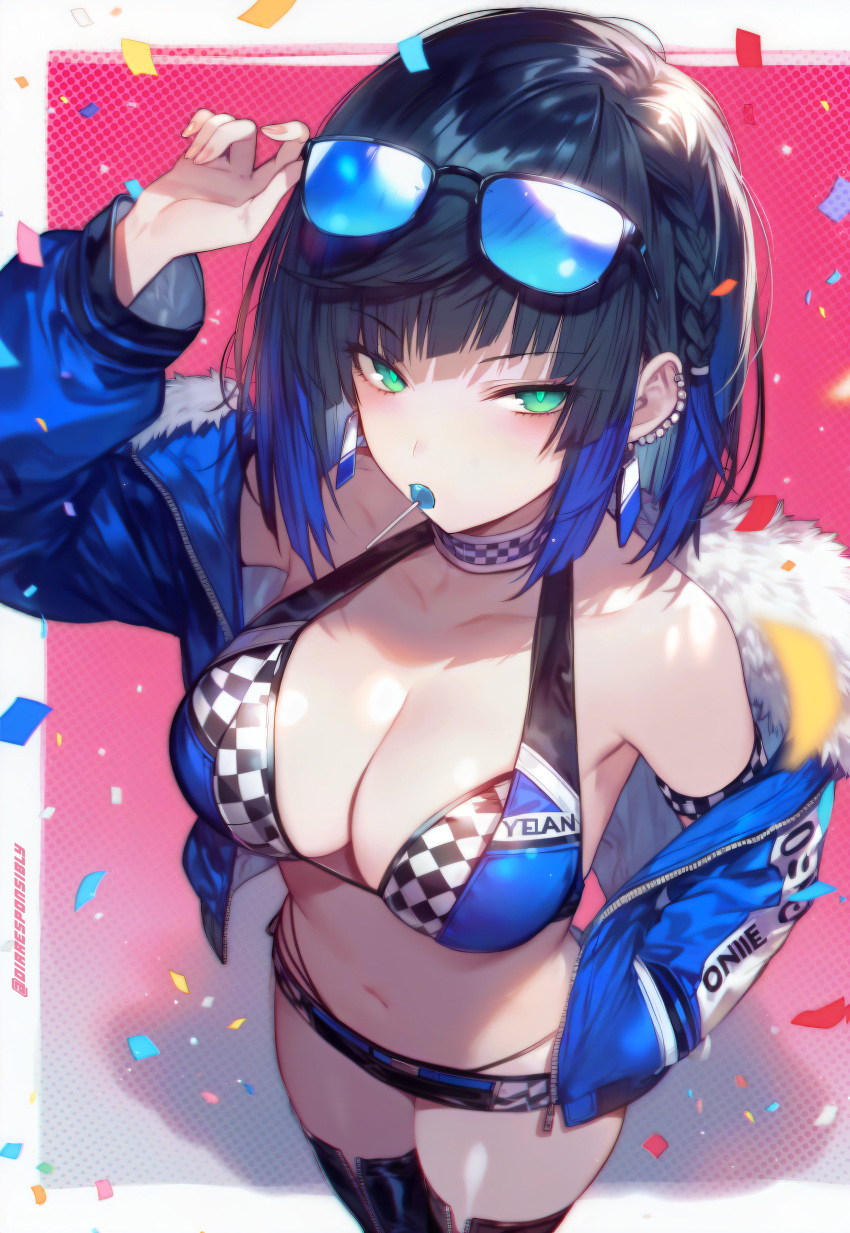 1girls 2d 2d_(artwork) ai_generated belly_button big_breasts black_hair blue_hair choker clothed clothed_female clothing confetti diffirresponsibly earrings female_only green_eyes hi_res high_resolution highres huge_breasts jacket large_breasts legwear lolipop looking_at_viewer lowleg medium_breasts medium_hair short_hair shorts solo sunglasses sunglasses_on_head yelan_(genshin_impact)