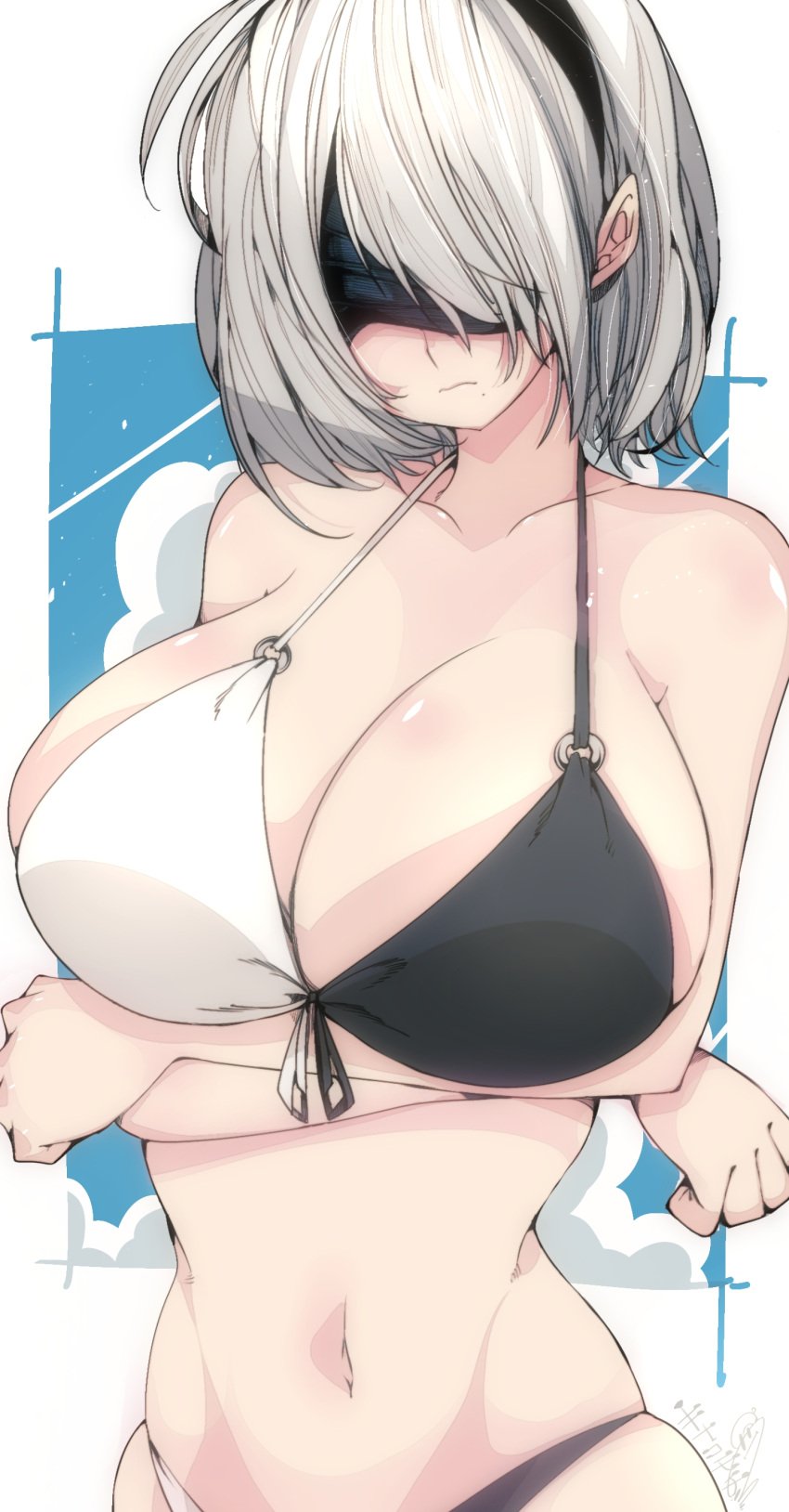 1girls arms_crossed big_breasts bikini blindfold breasts female female_focus female_only hairband light-skinned_female light_skin nier nier:_automata omochi_db short_hair solo swimsuit white_hair yorha_2b