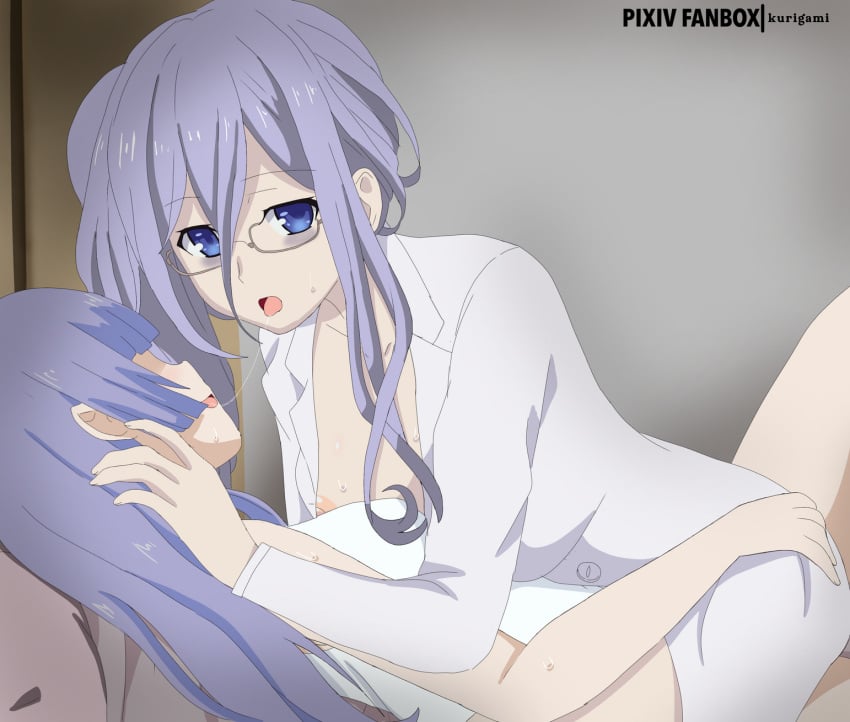 2d 2d_(artwork) 2girls ass ass_grab bed bedroom blue_eyes breasts clothed date_a_live glasses grey_eyes grey_hair izayoi_miku kurigami light-skinned_female long_hair murasame_reine nipple_slip open_shirt saliva_string shirt thighs white_hair yuri