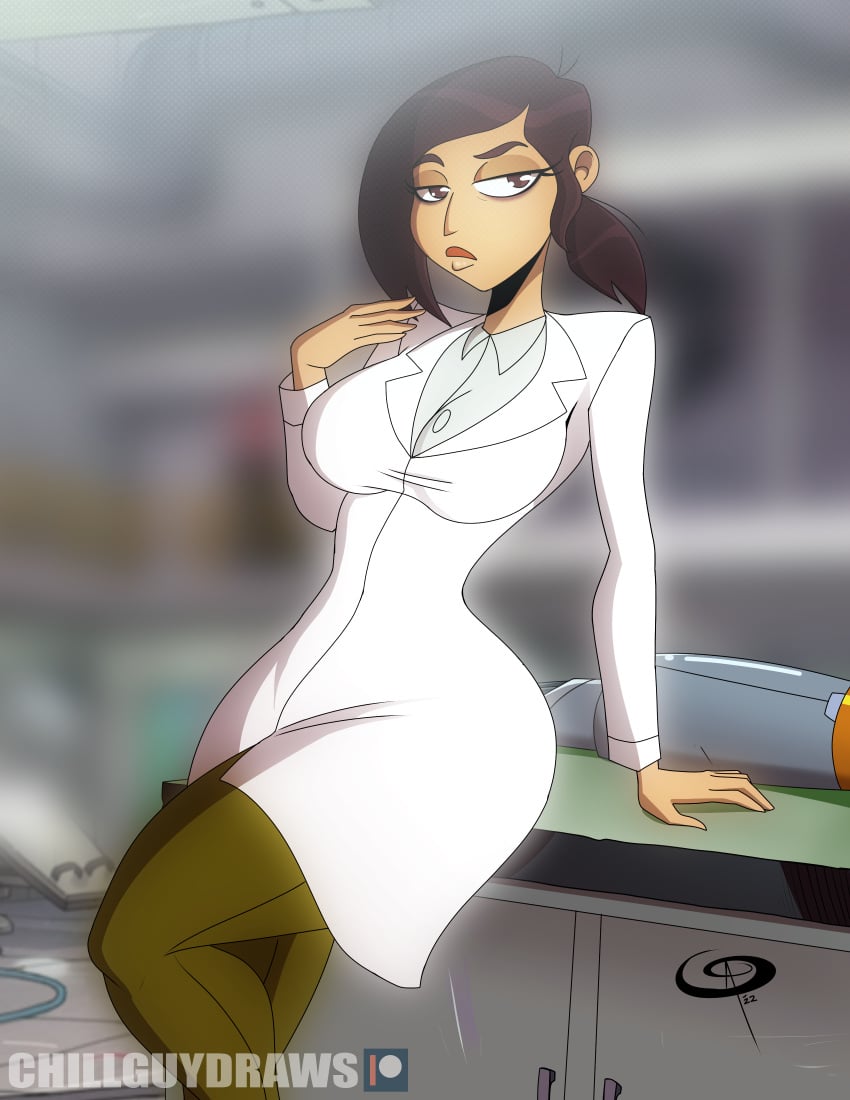 1girls alternate_version_available big_breasts bottomwear breasts brown_eyes brown_hair clothing female female_only frostbiteboi green_pants hair half-closed_eyes hips huge_breasts inside_job lab_coat labcoat lips pants ponytail reagan_ridley solo solo_female topwear wide_hips