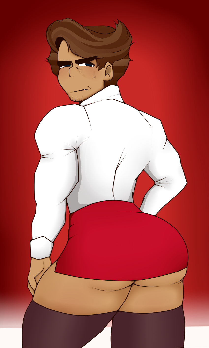 2boys almond_cookie big_ass big_butt blue_eyes brown_hair brown_skin clothed cookie_run gay long_socks looking_back male miniskirt red_background simple_background