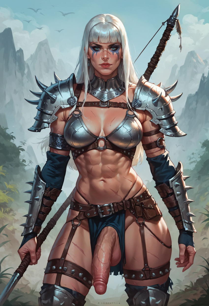 1futa ai_generated balls breasts dickgirl futa_only futadiffusion futanari knight muscular_futanari nature nsfw outdoors penis perfect_body ready_to_fuck solo warrior white_hair