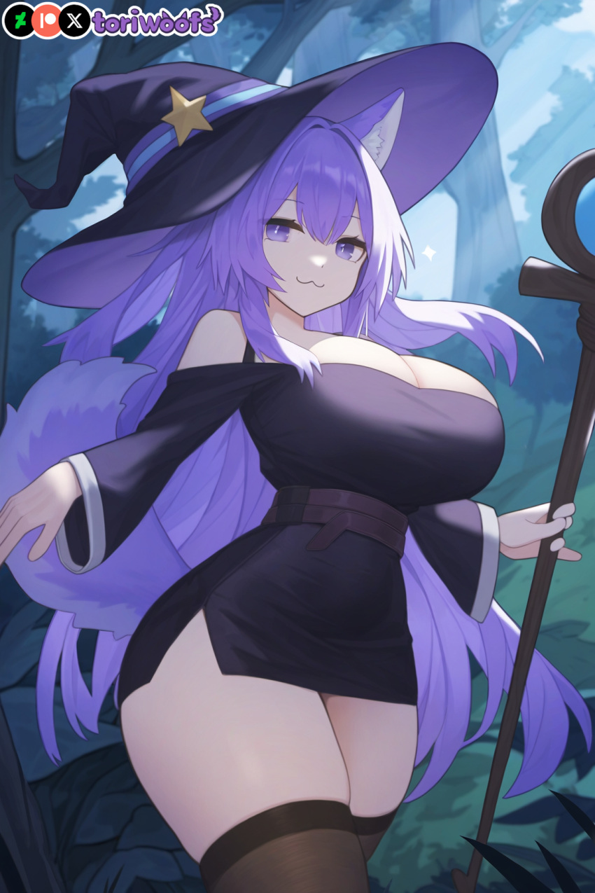 1girls :3 ai_generated big_breasts breasts curvy cute dog_ears dog_girl doggirl dress female female_only forest highres hips huge_boobs huge_breasts kemonomimi light_skin light_skinned_female long_hair outdoors pale-skinned_female pale_skin patreon_username petgirl petite purple_ears purple_eyes purple_hair purple_tail staff thick_thighs thighs tori toriwoofs watermark wavy_hair wide_hips witch witch_hat wolf_ears woods