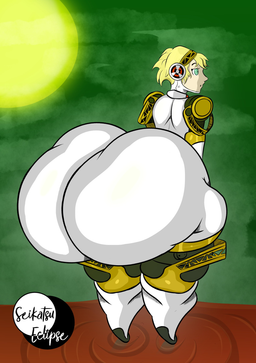 aegis_(persona) aigis_(persona) artist_logo artist_name big_ass big_balls blonde_hair huge_ass huge_butt hyper hyper_ass inflated_ass persona persona_3 robot robot_girl robot_humanoid seikatsueclipse