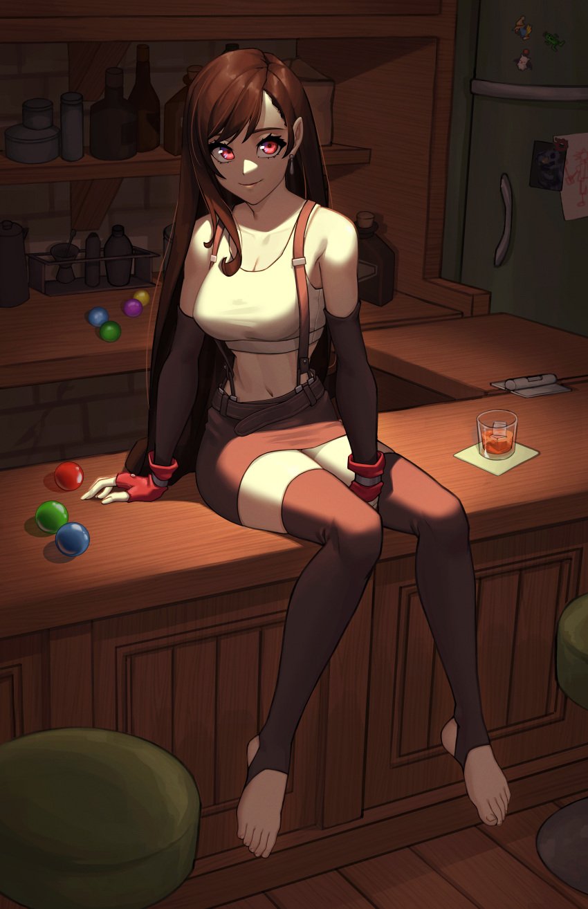 1girls alcohol arm_support ball bar_(place) bare_shoulders between_legs black_gloves black_thighhighs breasts brown_hair cleavage closed_mouth collarbone crop_top elbow_gloves eyelashes feet female final_fantasy final_fantasy_vii final_fantasy_vii_remake fingerless_gloves full_body garter_straps gloves hand_between_legs indoors large_breasts legs long_hair looking_at_viewer materia midriff miniskirt navel no_shoes on_counter parted_bangs red_eyes red_gloves shadow sitting skirt smile solo sports_bra stirrup_legwear thighhighs tifa_lockhart toes wooden_floor x_xith_x zettai_ryouiki