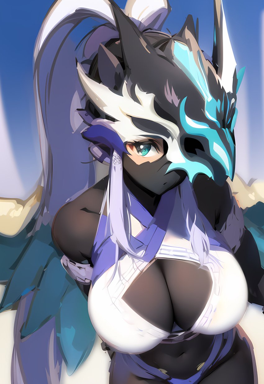 1girls ai_generated belly belly_button black_bodysuit blue_eyes bodysuit breasts cleavage clothing duel_monster female female_focus female_only full_body fully_clothed helmet helmet_over_eyes large_breasts light_skin long_hair looking_at_viewer masked masked_female mouth_mask skin_tight skin_tight_suit swordsoul_of_mo_ye thick thick_thighs thighs very_long_hair very_thick_thighs very_tight_cloth white_hair yu-gi-oh!