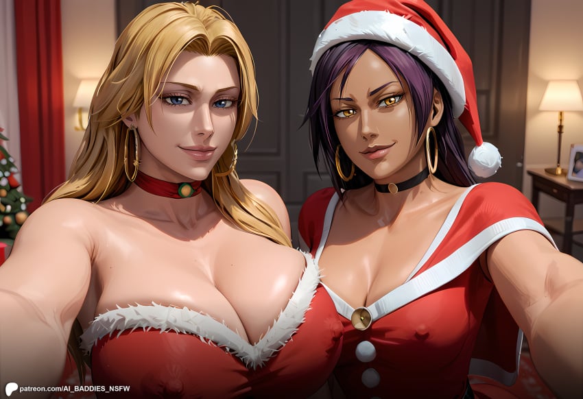 2girls ai_assisted ai_baddies ai_generated bleach bleach:_the_thousand-year_blood_war christmas christmas_outfit close-up cowboy_shot dark_skin festive gift holidays inside large_breasts light_skin looking_at_viewer matsumoto_rangiku orange_hair party patreon patreon_link patreon_logo patreon_url patreon_username purple_hair red_dress santa_costume santa_hat selfie shihouin_yoruichi small_breasts smirk